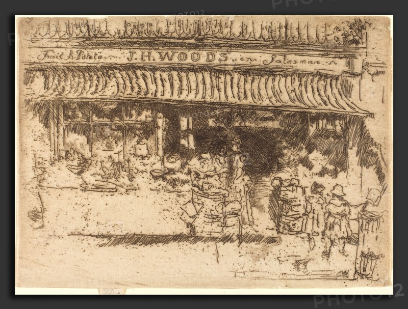 James McNeill Whistler (American, 1834 - 1903), Woods's Fruit Shop, c. 1886-1888, etching in brown on laid paper