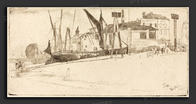 James McNeill Whistler (American, 1834 - 1903), Chelsea Wharf, 1863, etching in black on blued white laid paper