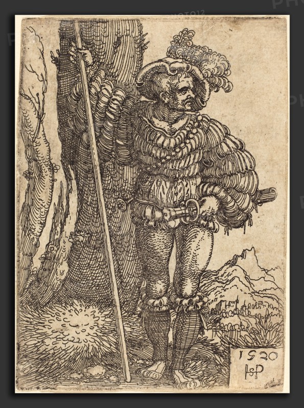 Sebald Beham (German, 1500 - 1550), Foot Soldier Standing by a Tree, 1520, etching