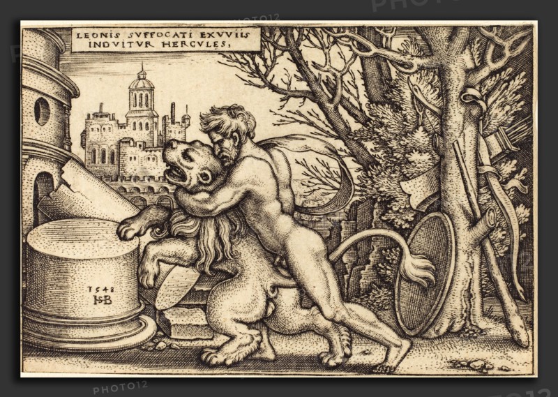 Sebald Beham (German, 1500 - 1550), Hercules Killing the Neumaeic Lion, 1548, engraving