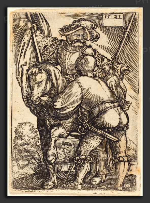 Barthel Beham (German, 1502 - 1540), Riding Standard Bearer and Foot-Soldier, 1521, engraving