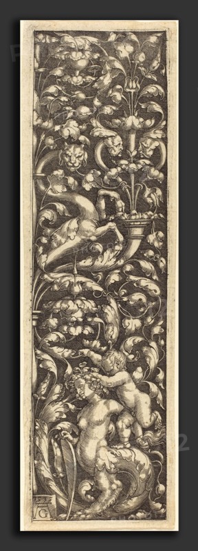 Heinrich Aldegrever (German, 1502 - 1555-1561), Ornament with a Child on the Back of a Sphinx, 1535, engraving