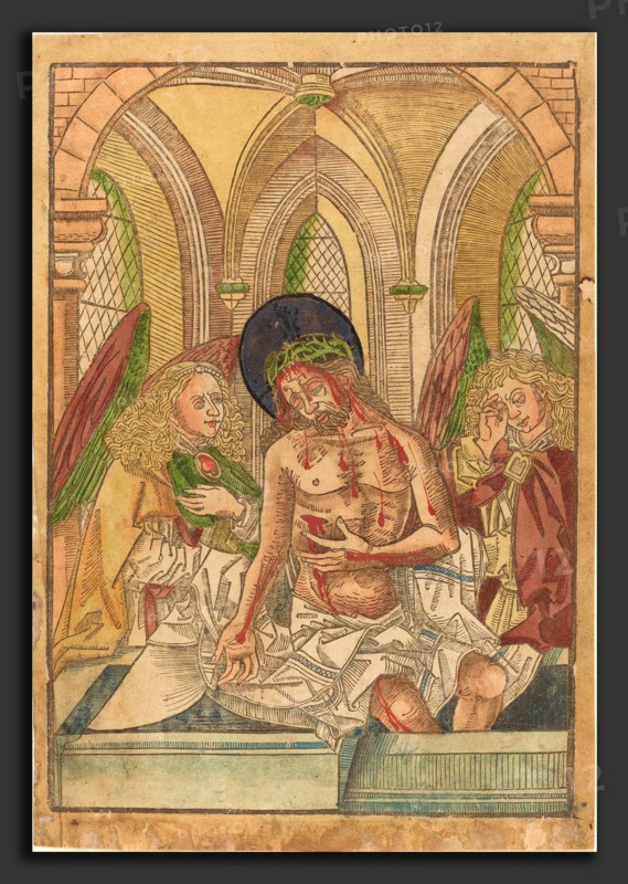 German 15th Century, Christ in the Tomb with Two Angels, 1490-1500, woodcut, hand-colored in red, orange-yellow, blue-green, green, and gold
