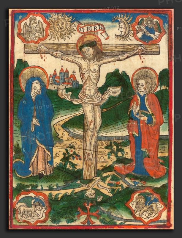German 15th Century, Christ on the Cross, 1480-1500, woodcut, hand-colored in green, blue, vermilion, rose, pale orange, and red on vellum