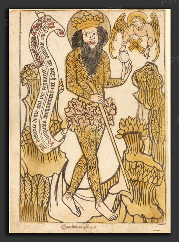 German 15th Century, Saint Onuphrius, c. 1450, woodcut, hand-colored in ochre, pink, gray, and red