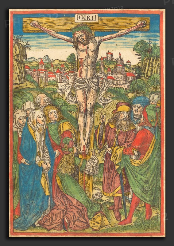 Attributed to Michael Wolgemut (German, 1434 - 1519), The Crucifixion with Saint Mary Magdalene, c. 1490, hand-colored woodcut