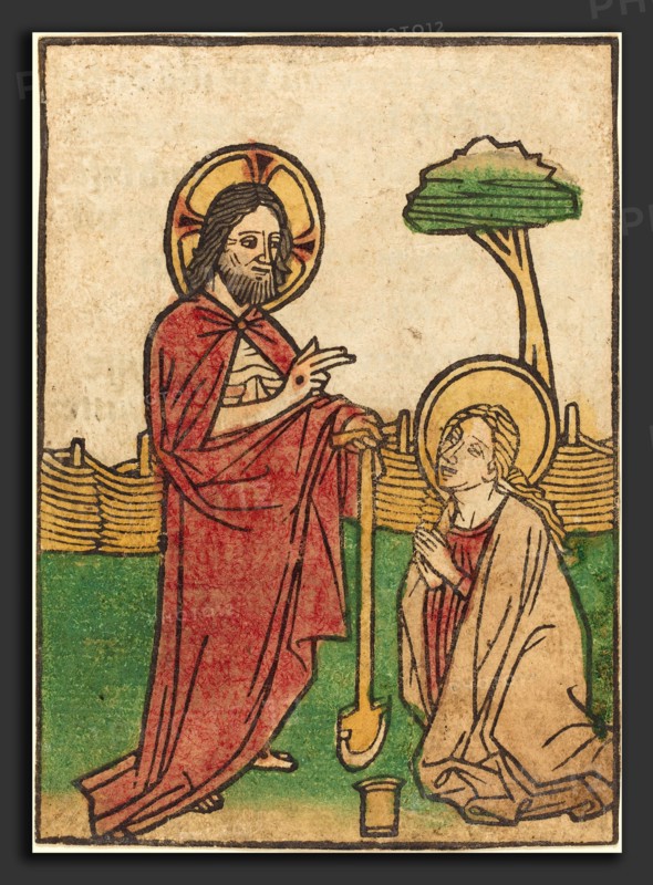 Ludwig of Ulm (German, active 1450-1470), Noli me tangere, hand-colored woodcut (blockbook page)
