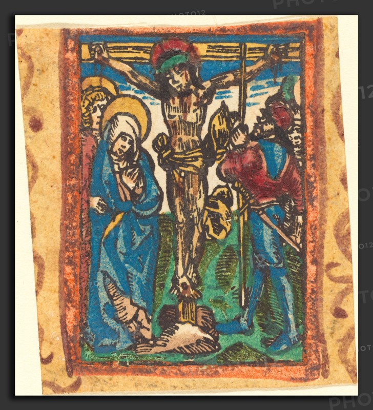German 15th Century, The Crucifixion, c. 1490-1500, woodcut, hand-colored in red lake, blue, yellow, green, and vermilion