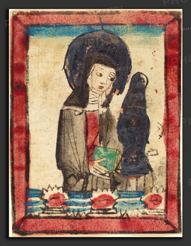 German 15th Century, Saint Clare of Assisi, 1450-1470, woodcut, hand-colored in wine red, blue, green, carmine, gray, and gold
