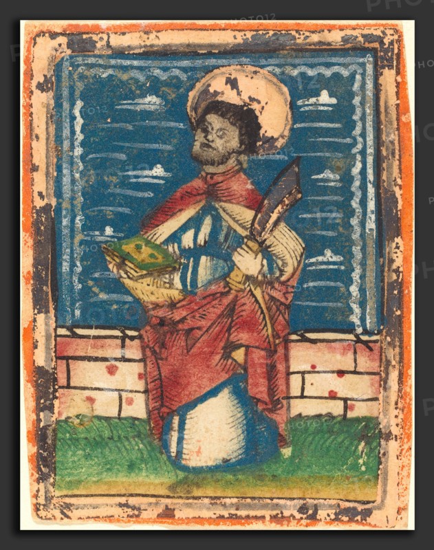 German 15th Century, Saint Bartholomew, 1480-1490, woodcut, hand-colored in blue, red lake, green, yellow, white, orange, and silver or gold
