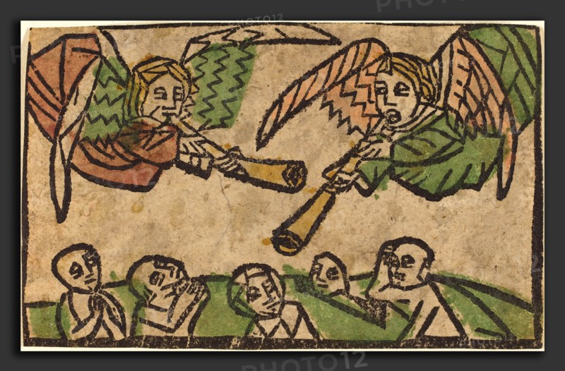 German 15th Century, The Resurrection of the Dead, c. 1460-1470, woodcut, hand-colored in red lake, blue, green, gray, and gold