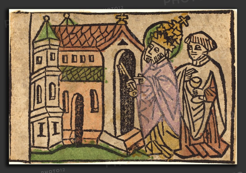 German 15th Century, Saint Peter as Founder of the Church, 1460-1470, woodcut, hand-colored in venetian red, green, yellow, lavender, and rose