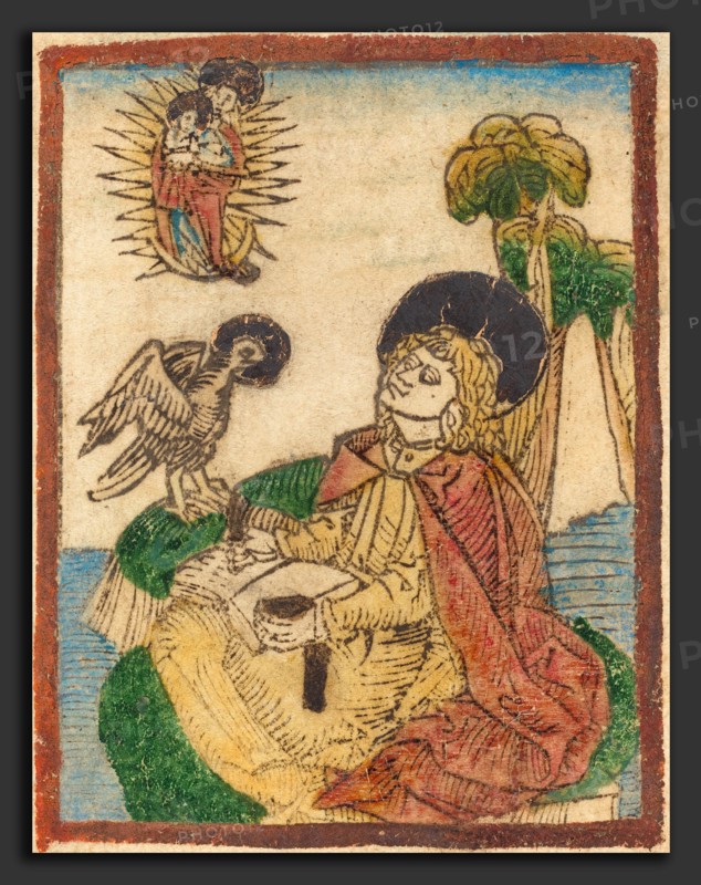 German 15th Century, Saint John on the Island of Patmos, 1480-1490, woodcut in brown, hand-colored in red lake, yellow, blue, green, tan, gold, and red-orange
