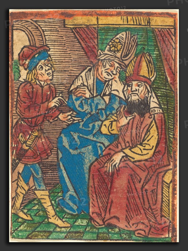 German 15th Century, Council of High Priests, c. 1490, hand-colored woodcut