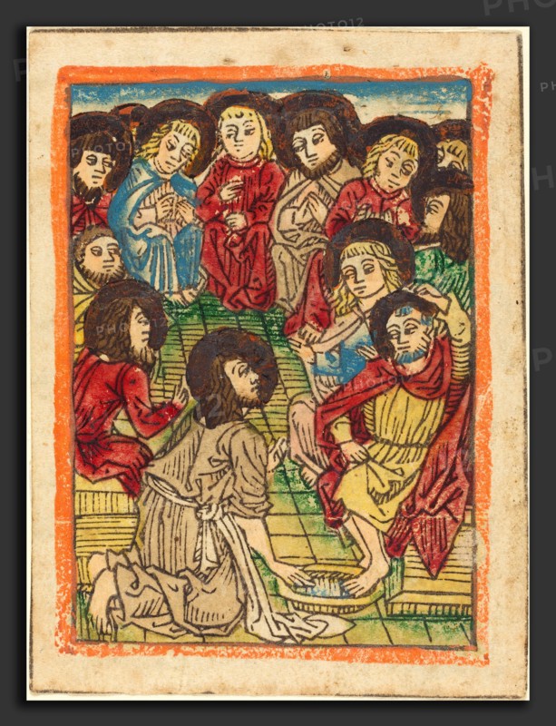 German 15th Century, Christ Washing the Apostles' Feet, c. 1480, woodcut in brown, hand-colored in red lake, blue, yellow, green, gray, gold, and orange
