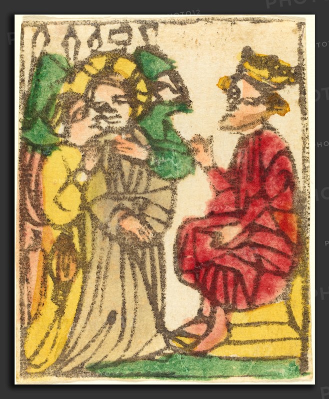 German 15th Century, Christ before Herod, probably 1425-1450, woodcut, hand-colored in red lake, green, yellow, tan, and orange