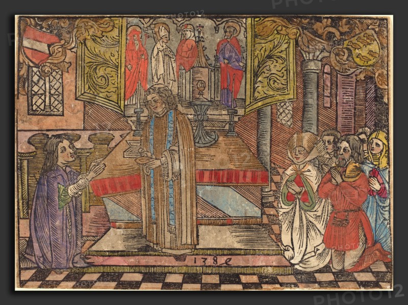 German 15th Century, Miracle at Seefeld, 1484, woodcut, hand-colored in red, blue, yellow, purple, brown, gray, and lavender