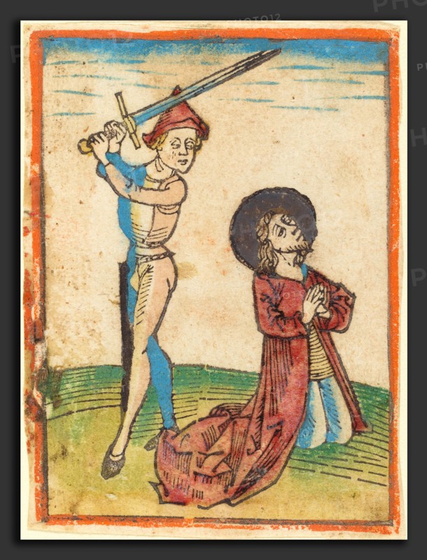 German 15th Century, Martyrdom of a Saint, c. 1480, woodcut, hand-colored in red lake, green, yellow, blue, rose, gold, and orange