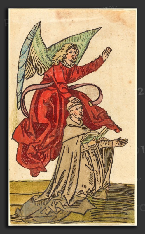 German 15th Century, A Monk with an Angel, 1480-1490, woodcut, hand-colored in red, olive-gray, light green, olive, blue, yellow, and pink