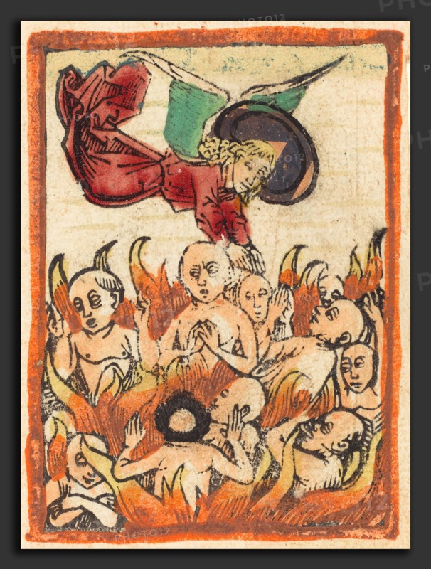 German 15th Century, Purgatory, c. 1480, woodcut, hand-colored in orange, red lake, green, yellow, and gold