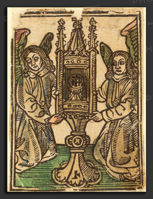 German 15th Century, A Monstrance Held by Two Angels, 1495-1500, woodcut, hand-colored in green, brown, rose, and olive