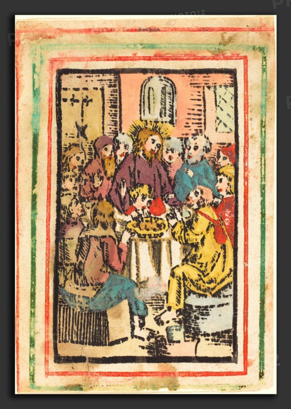 German 15th Century, The Last Supper, c. 1480-1500, woodcut, hand-colored in blue, lt. blue, lavender, vermilion, rose, tan, yellow, and green