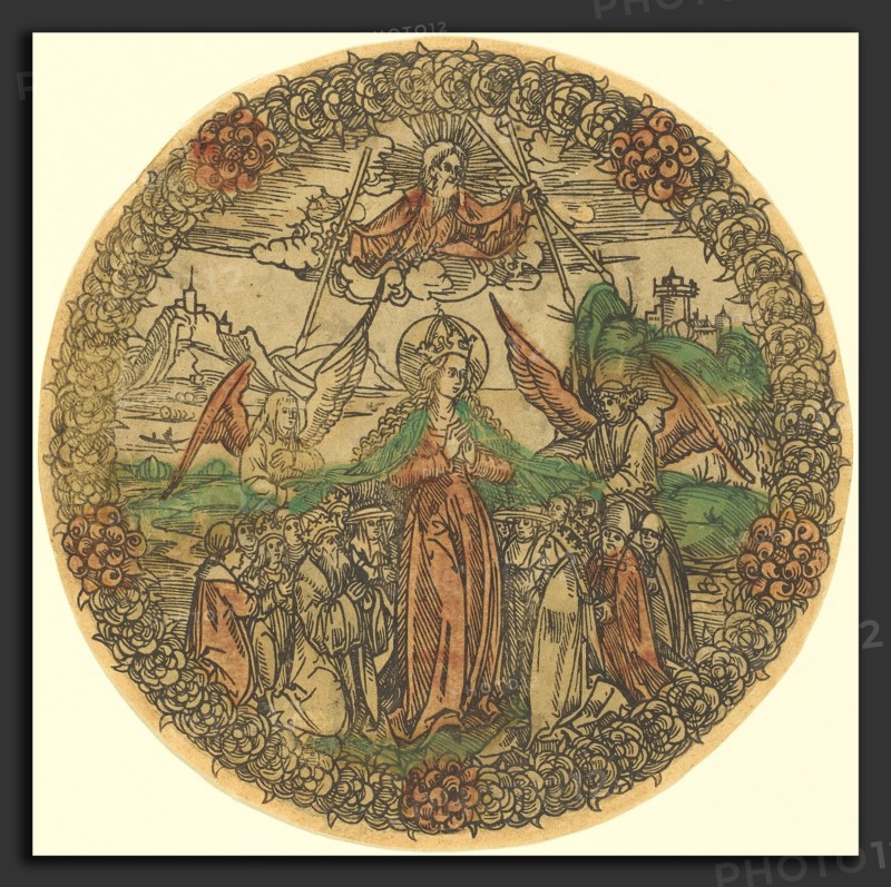 German 15th Century, Madonna in a Wreath of Roses, 1490-1500, woodcut, hand-colored in red lake, green, and gray-yellow