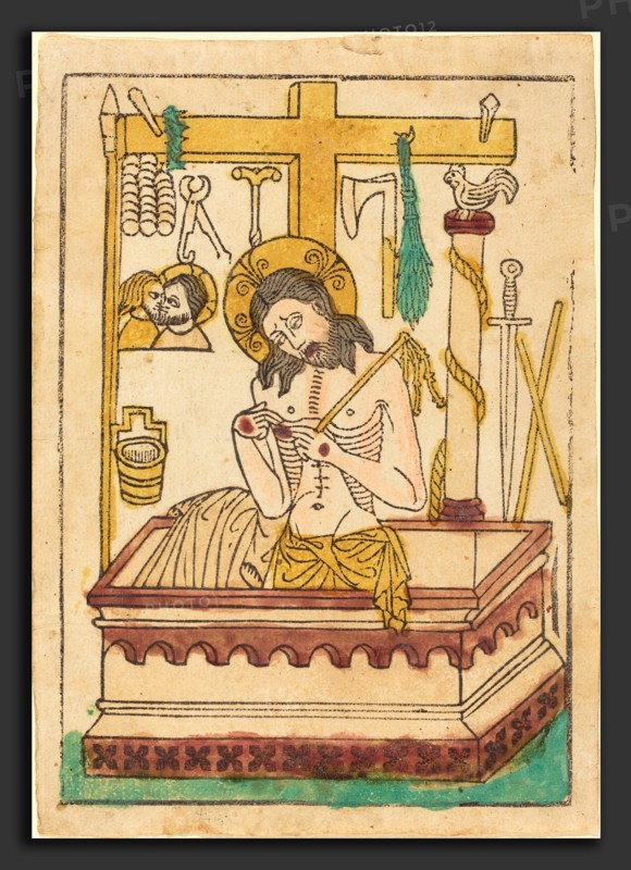 German 15th Century, Christ as the Man of Sorrows, 1430-1440, woodcut, hand-colored in red lake, yellow ochre, tan, and green