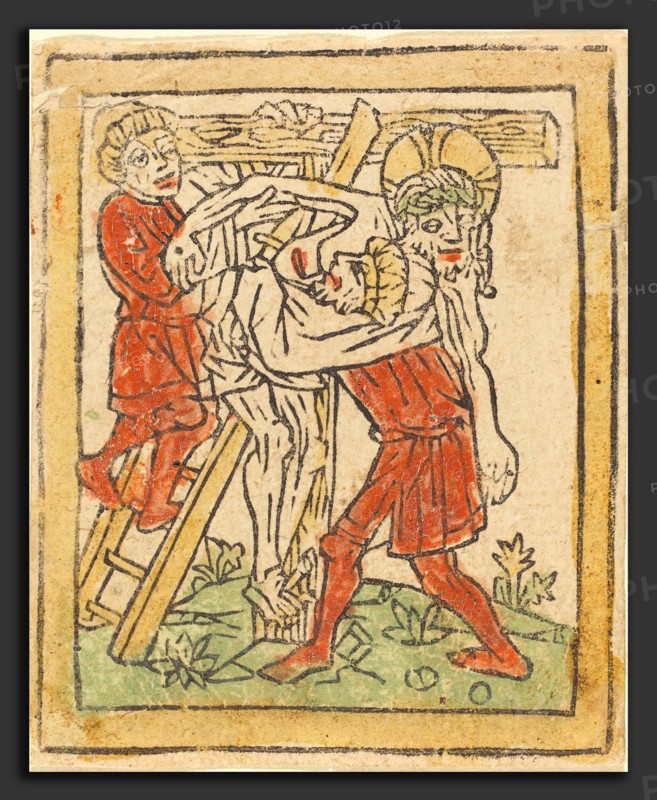 German 15th Century, The Deposition, c. 1475, woodcut, hand-colored in orange-red, yellow, and green