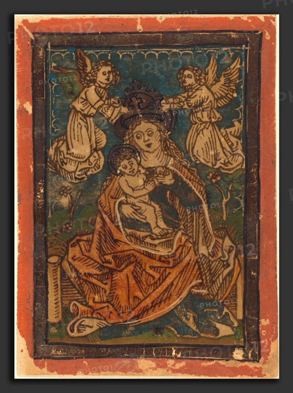 German 15th Century, Madonna and Child Seated on a Grassy Bank with Angels, 1480-1490, woodcut in dark brown, hand-colored in light red lake, dark blue, green, brown, gold, and orange
