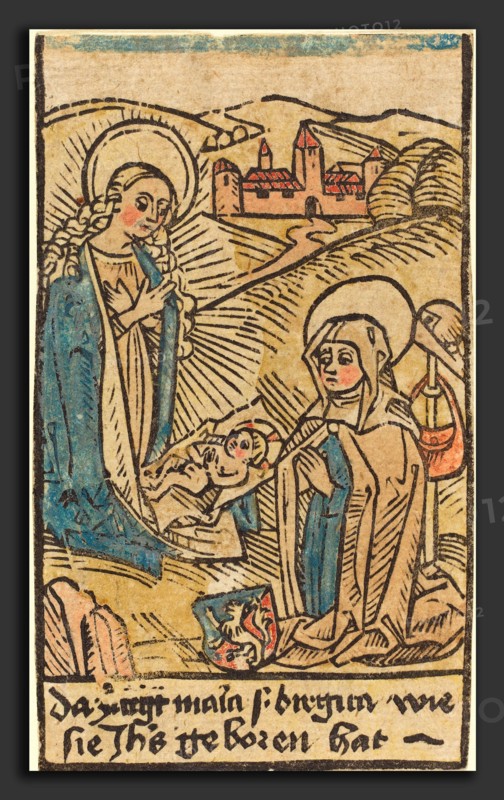 German 15th Century, Madonna and Saint Bridget, c. 1480-1500, woodcut, hand-colored in blue, yellow, tan, orange, and red