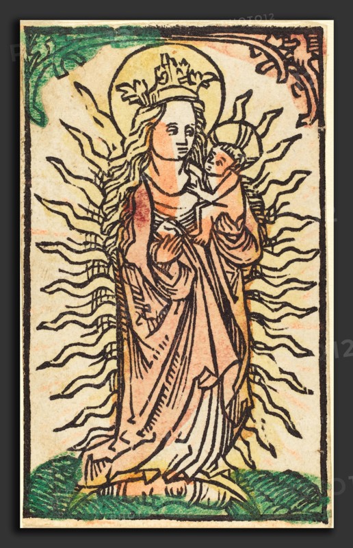 German 15th Century, Madonna and Child in a Glory Standing on a Crescent Moon, 1470-1480, woodcut, hand-colored in rose, green, yellow
