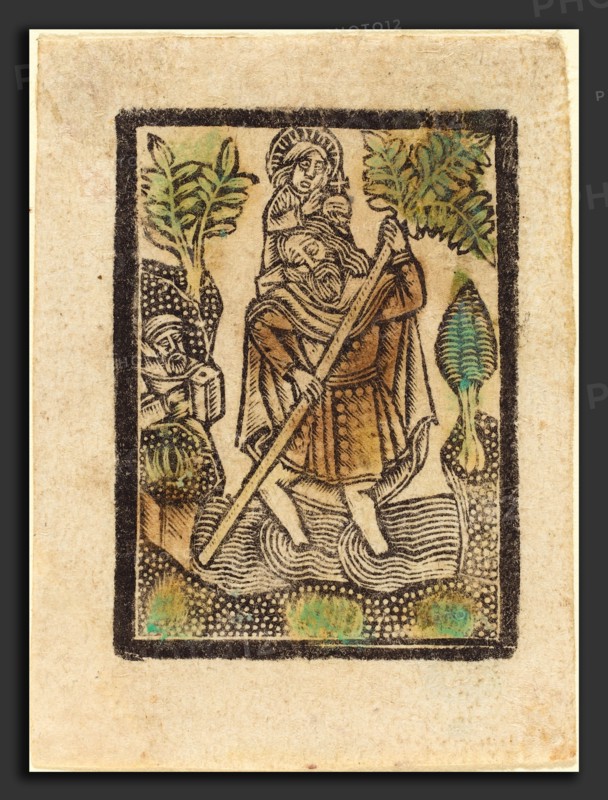 Workshop of Master of the Aachen Madonna, Saint Christopher, 1470-1480, metalcut, hand-colored in green and ochre