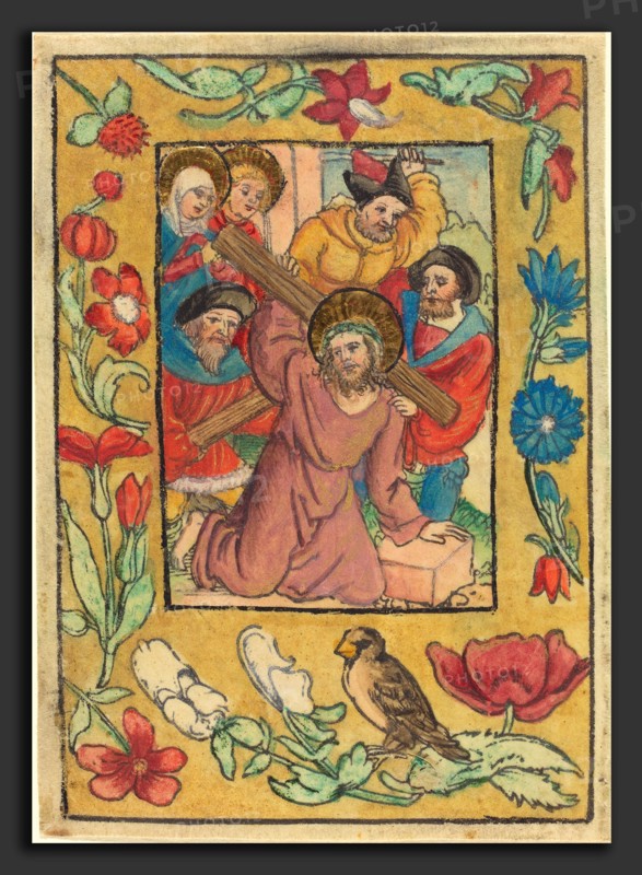 German 15th Century, Christ Bearing the Cross, c. 1500, woodcut, hand-colored in mauve, red, blue, green, ochre, yellow, black, white, and gold, on vellum