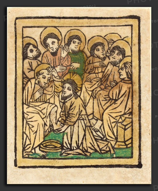 German 15th Century, Christ Washing the Apostles' Feet, c. 1490, woodcut, hand-colored in tan, green, rose, and yellow