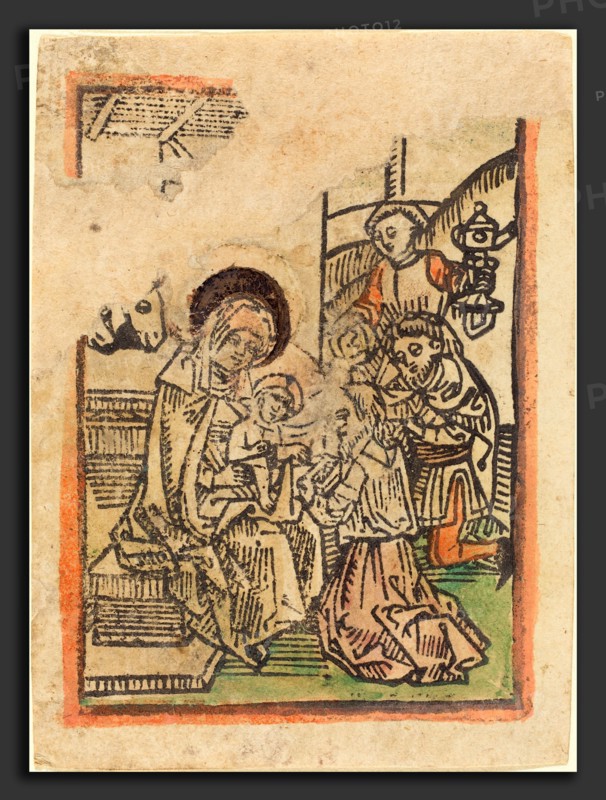 German 15th Century, The Adoration of the Magi, c. 1485, woodcut, hand-colored in orange, green, and rose