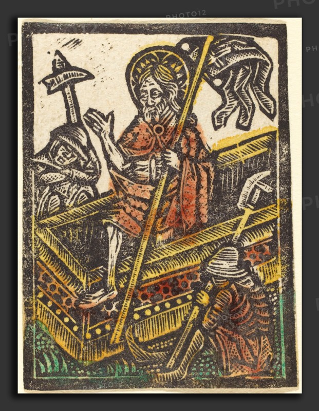 Workshop of Master of the Aachen Madonna, The Resurrection, 1460-1480, metalcut, hand-colored in green, red lake, and yellow