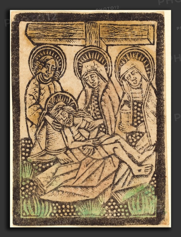 Workshop of Master of the Aachen Madonna, The PietÃ , 1470-1480, metalcut, hand-colored in green, light rose, and yellow