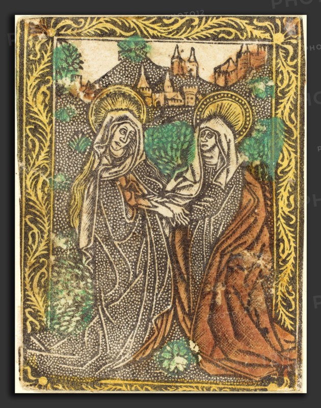 Workshop of Master of the Borders with the Four Fathers of the Church, The Visitation, 1460-1480, metalcut, hand-colored in yellow, red-brown lake, and green