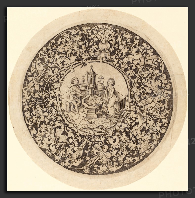 Israhel van Meckenem (German, c. 1445 - 1503), Circular Ornament with Musicians Playing near a Well, c. 1495-1503, engraving