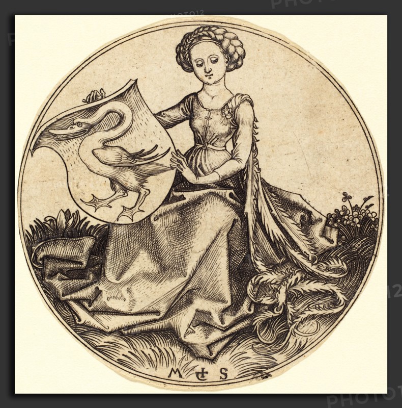 Martin Schongauer (German, c. 1450 - 1491), Shield with Swan, Held by Woman, c. 1480-1490, engraving