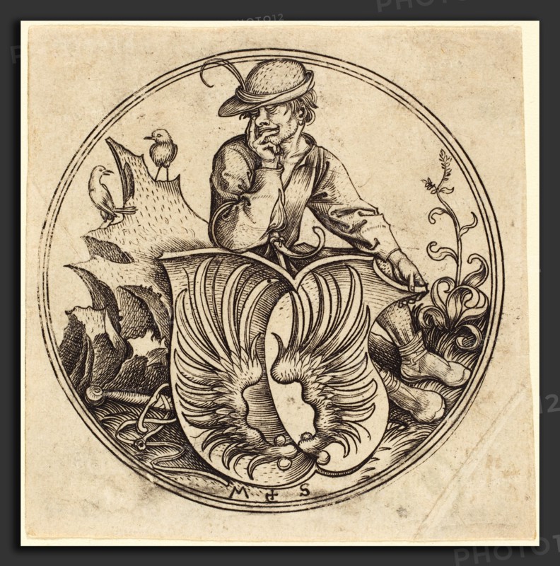 Martin Schongauer (German, c. 1450 - 1491), Shield with Wings, Held by Peasant, c. 1480-1490, engraving