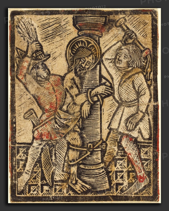 German 15th Century, The Flagellation, 1470-1480, metalcut, hand-colored in red and yellow