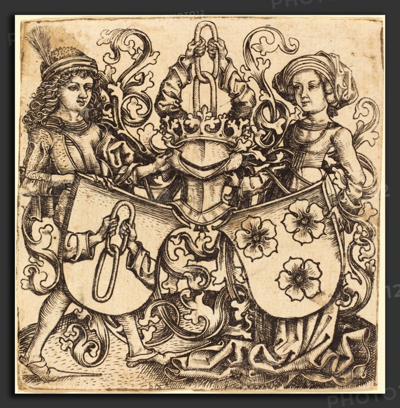 Master bg (German, active c. 1470-1490), Arms of Rohrbach and Holzhausen, c. 1480-1490, engraving
