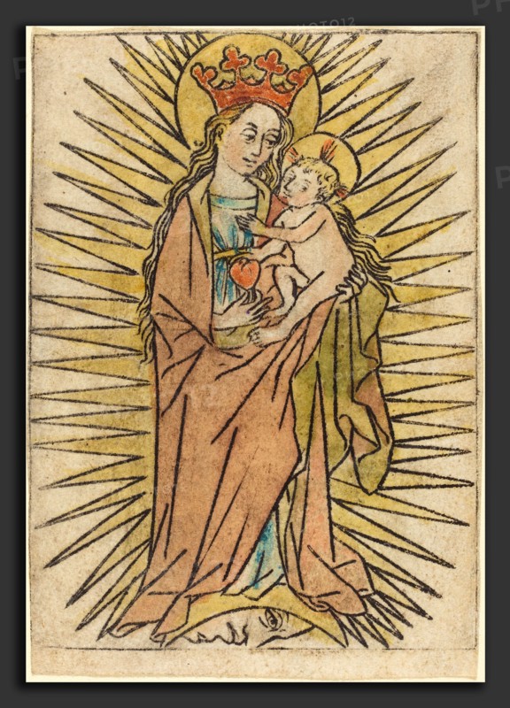German 15th Century, The Madonna and Child with a Pear, c. 1440-1460, engraving, hand-colored in red, orange, green, yellow, blue, and tan