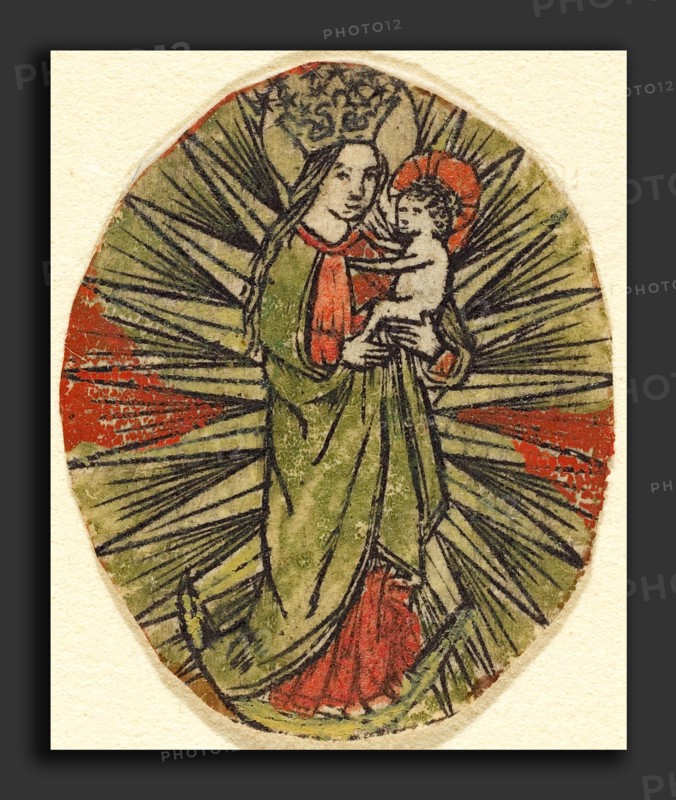 German 15th Century, Madonna and Child, c. 1450-1470, engraving, hand-colored in green and red