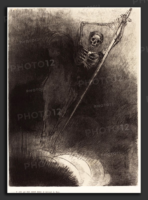 Odilon Redon (French, 1840 - 1916), Et celui qui était monté dessus se nommait la Mort (And his name that sat on him was Death), 1899, lithograph in black on chine collé