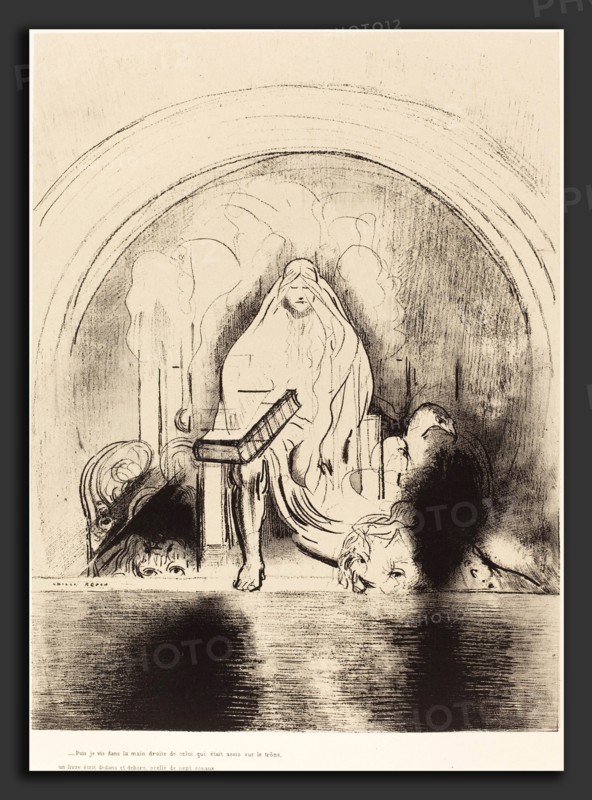 Odilon Redon (French, 1840 - 1916), Puis je vis, dans la main droite de celui quietait assis sur le trone, un livre ecrit de dans et dehors, scelle de sept sceaux, And I saw in the right hand of him that sat on the throne a book written within and on the backside, sealed with seven seals, 1899, lithograph