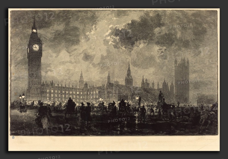 Auguste LepÃ¨re (French, 1849 - 1918), Parliament at 9 o'Clock in the Evening - London (Le parlement a 9 heures du soir - Londres), 1890, wood engraving