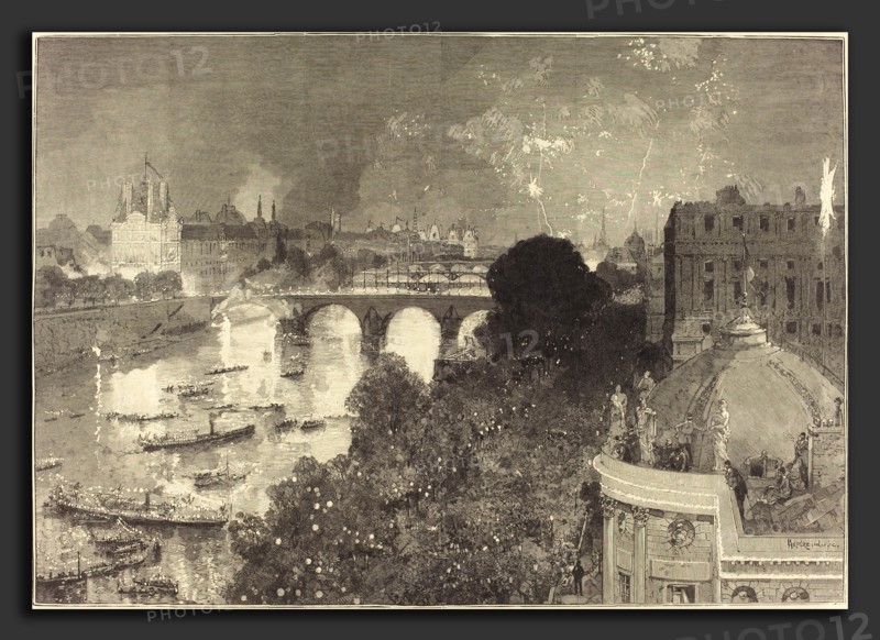 Auguste LepÃ¨re (French, 1849 - 1918), Le 14 Juillet.  Illumination de la Seine du Pont Neuf au Pont au Change, 1882, wood engraving